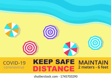 Social distancing and coronavirus covid-19 prevention: maintain a safe distance from others in public places and beaches. Preventive measures. Can used for banner, poster, website design, social media