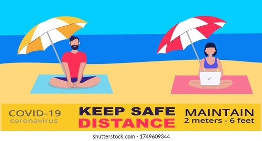 Social distancing and coronavirus covid-19 prevention: maintain a safe distance from others. Man and woman rest on the beaches. Can used for banner, poster, website design, social media