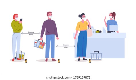 Social distancing and coronavirus covid-19 prevention. People in medical face masks buying groceries in store. Keep your distance 2 meters or 6 feet in public place. Flat vector illustration