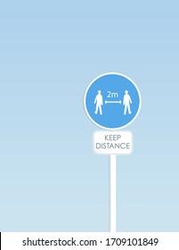 Social distancing as coronavirus outbreak spreading prevention vector concept on blue signpost. Public health protection, stopping contagion avoiding people. Eps10 illustration.
