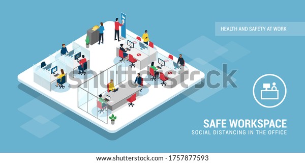 Social\
distancing and coronavirus prevention in the business office,\
people working together keeping a safe\
distance
