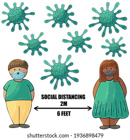 Social Distancing. Coronavirus prevention vector background. Cartoon man and woman observe social distance