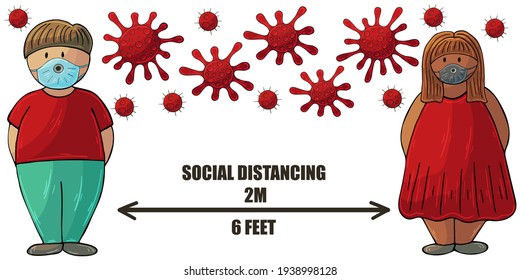 Social Distancing. Coronovirus epidemic protective. Vector background. Cartoon man and woman observe social distance. Fight against coronavirus. Health concept