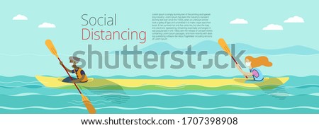 Social distancing, couple go kayaking on extra long boat keeping distance from each other to prevent corona virus