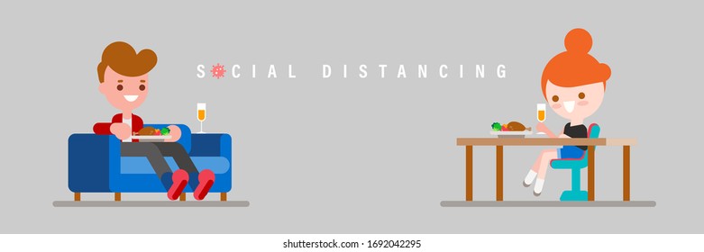 Social Distancing, couple keeping distance and avoiding close contact while having dinner. Prevent Covid-19 Coronavirus. vector illustration in flat design style cartoon.