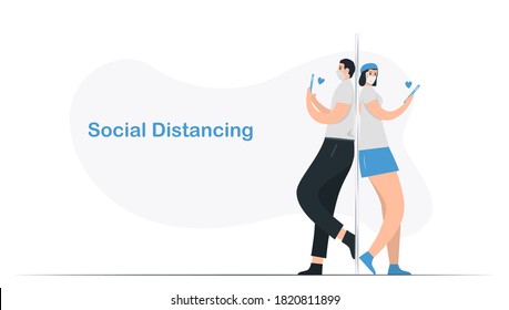 Social distancing of couple of love. They have to contact with phone call. So near but so far. Isolated vector is in cozy flat style. Minimal design is in blue monochromatic color.