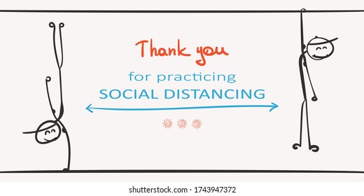 Social distancing Covid-19 banner, Stop spread coronavirus. Two gymnasts cartoon sport stick figures with strong muscles balancing on one hand. Hand drawn vector illustration