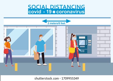 Social Distancing And From COVID-19 Coronavirus Outbreak Spreading Concept Prevention. Maintain A Safe Distance 2 Meters From Others At The Supermarket Bank Pharmacy Queues. Characters In Line At The