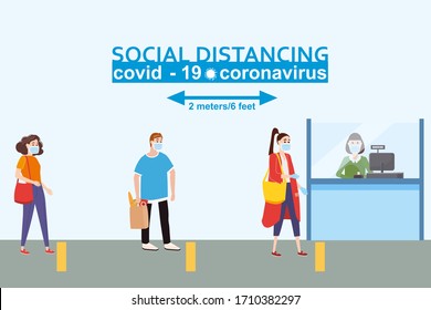 Social Distancing And From COVID-19 Coronavirus Outbreak Spreading Concept Prevention. Maintain A Safe Distance 2 Meters From Others At The Supermarket Bank Pharmacy Queues. Characters In Queue Bank