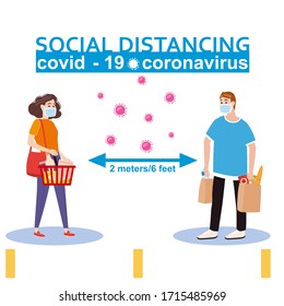 Social Distancing And From COVID-19 Coronavirus Outbreak Spreading Concept Prevention. Maintain A Safe Distance 2 Meters From Others At The Supermarket Bank Pharmacy Queues. Characters Man And Woman