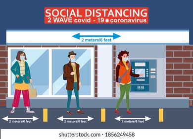 Social distancing and from COVID-19 coronavirus outbreak spreading concept prevention. Crowd people maintain a safe distance 2 meters from others at the line ATM. Vector isolated illustration