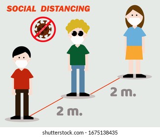 Social Distancing with COVID-19 crisis concept: There are people who wear face masks for protect corona virus. Cartoon vector style for your design.