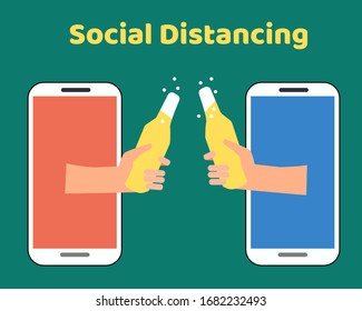 Social Distancing with COVID-19 crisis concept: There are two hands from mobiles hold bottle of cold beer for celebrate together. Protect corona virus. Cartoon vector style for your design.