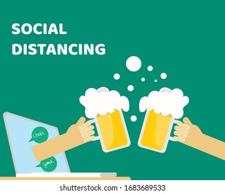 Social Distancing with COVID-19 crisis concept: There are two hands from laptop hold mug of cold beer for celebrate together. Protect corona virus. Cartoon vector style for your design.