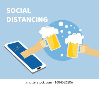 Social Distancing with COVID-19 crisis concept: There are two hands from smart phone hold mug of cold beer for celebrate together. Protect corona virus. Cartoon vector style for your design.