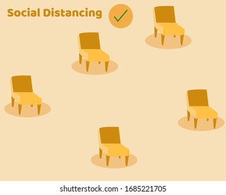 Social Distancing with COVID-19 crisis concept: There are many chairs that far about 1-2 m. for protect corona virus. Cartoon vector style for your design.