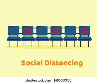 Social Distancing with COVID-19 crisis concept: There are many chairs with sign about can sit or can't sit for protect corona virus. Cartoon vector style for your design.