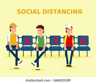 Social Distancing with COVID-19 crisis concept: There are people sit on many chairs with sign about can sit or can't sit for protect corona virus. Cartoon vector style for your design.
