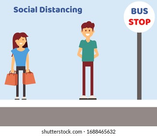 Social Distancing with COVID-19 crisis concept: There are people who stand far about 1-2 m. for protect corona virus. Cartoon vector style for your design.