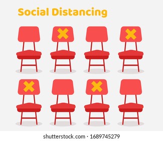 Social Distancing with COVID-19 crisis concept: There are many chairs with sign about can sit or can't sit for protect corona virus. Cartoon vector style for your design.