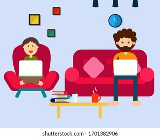 Social Distancing with COVID-19 crisis concept: STAY HOME, LEARN and WORK FROM HOME for Protect corona virus. Cartoon vector style for your design