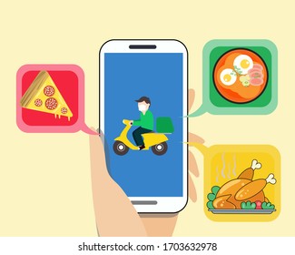 Social Distancing with COVID-19 crisis concept: There are big white smart phone in right hand, man wears face mask. He rides a motorbike to delivery. Cartoon vector style for your design
