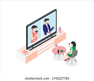 Social Distancing with COVID-19 crisis concept : Online party, meeting friends. People drink wine together in quarantine. Girl sitting in a chair in front of a laptop. Video chat. Vector illustration