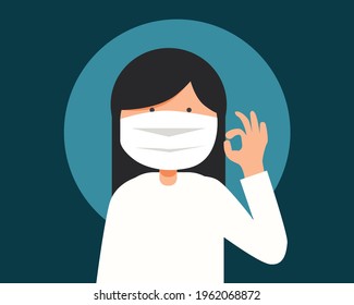 Social Distancing with COVID-19 crisis concept: Woman wears face masks for protect corona virus. Cartoon vector style for your design.