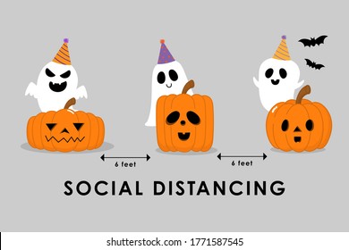 Social distancing (COVID-19) with cute scary ghost in hat party and spooky pumpkin. Holidays cartoon character. Corona virus protection-Vector.