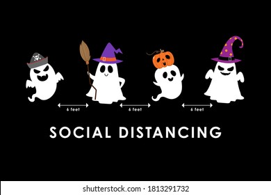 Social Distancing (COVID-19) With Cute Scary Ghost In Hat Party And Spooky Pumpkin. Holidays Cartoon Character. Corona Virus Protection-Vector.