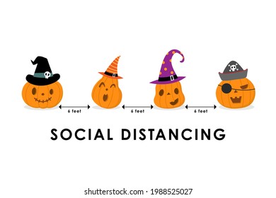 Social distancing (COVID-19) with cute scary pumpkin in hat party. Holidays cartoon character. Corona virus protection-Vector.