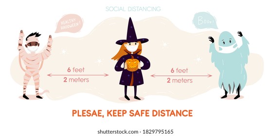 Social distancing COVID-19  Halloween infographic banner with  cartoon characters in surgical masks. Vector illustration flyer or poster with Corona virus protection distance information with text