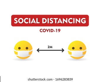 Social distancing COVID-19, keep distance at least 2 meters in public society people to protect from coronavirus spreading. Yellow emoticons wearing medicine masks - isolated vector illustration