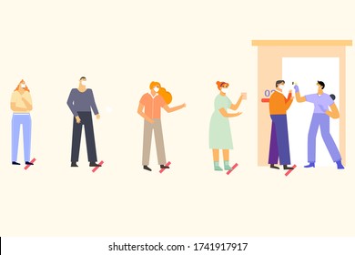 Social distancing in COVID-19 , people wearing face mask wait in line keep distance away and checking body temperature before entering store flat design vector.