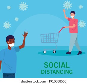 social distancing for covid19 prevention campaign with interracial men wearing medical masks vector illustration design