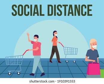 social distancing for covid19 prevention campaign with people wearing medial masks in the supermarket vector illustration design
