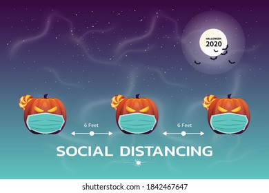 Social distancing (COVID-19) with ้halloween pumpkins wearing a medical mask.Vector illustration on night background.