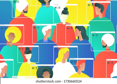 Social distancing creative concept. People talks to each other on the digital screen. Seamless pattern