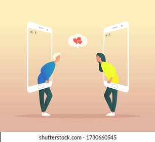Social distancing creative concept. People talk to each other on the phone screen. Online relationship.