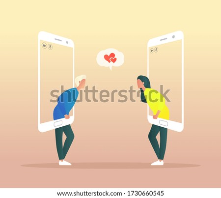 Social distancing creative concept. People talk to each other on the phone screen. Online relationship.