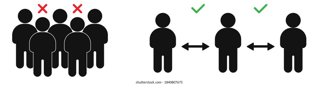 Social distancing in crowd. Group of people silhouette. Keep distance between each other. Wrong and correct distance. Safety during coronavirus. Covid-19 quarantine. Vector EPS 10