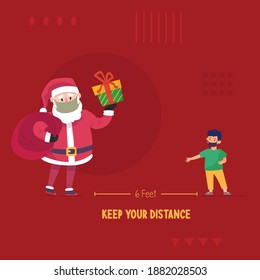 Social distancing with cute Christmas cartoon character, with surgical mask. Corona virus protection. Vector For Christmas cards.