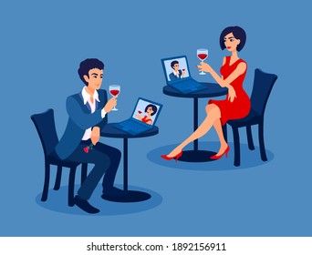 Fecha de distanciamiento social. Pareja usando un portátil para una videollamada. Hombre y mujer sentados en mesas separadas. Distantes citas en San Valentín, celebración en línea. Ilustración vectorial de dibujos animados.