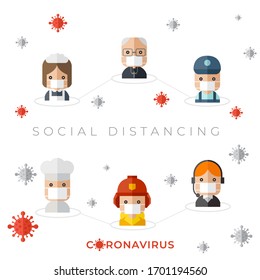 Social Distancing of different professions in Coronavirus pandemic situation isolated on white background : Vector Illustration