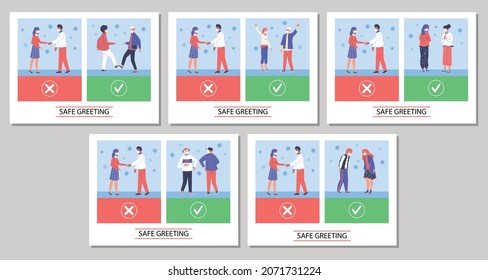 Social distancing and distance greeting to avoid spreading of virus. Banners or cards showing safety ways to communicate during pandemic, flat vector illustration.