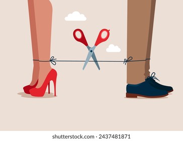 Social distancing. Divorced couple, separation of broken marriage end of relationship. Male and woman keep distance away. Flat vector illustration.