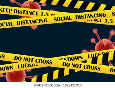 Social distancing in do not cross tape line for keep distance in public for protecting from coronavirus (COVID-19) outbreak with copy space in the middle.