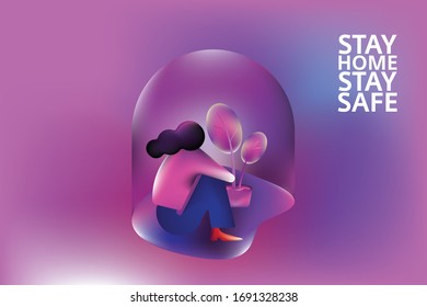 Social Distancing during Corona Pandemic - Girl in a safe zone or inside a dome with indoor plants