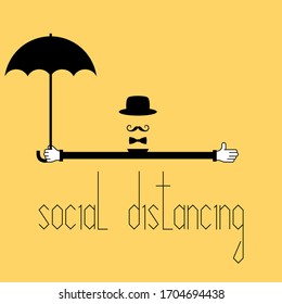Social distancing during coronavirus outbreak concept, abstract vintage man with open arms and umbrella