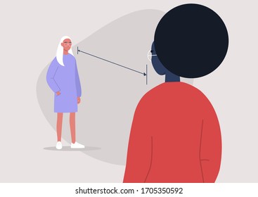 Social distancing during the coronavirus outbreak, 6 feet distance, two characters standing in front of each other